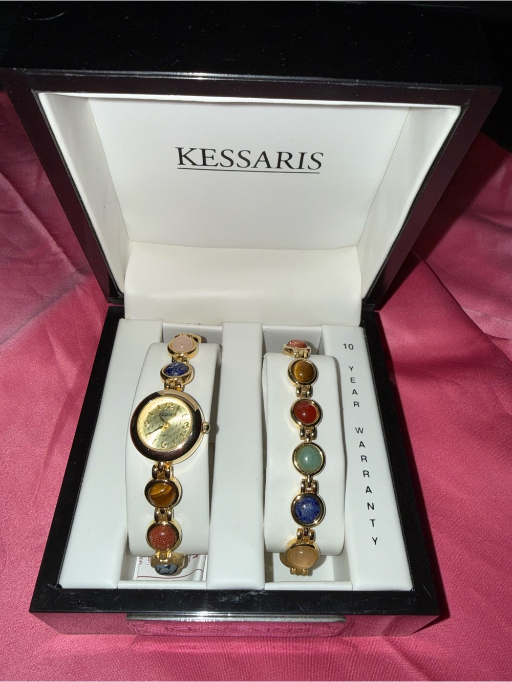 Kessaris Women’s Gold Multi-Color Stone Watch and Bracelet Set
